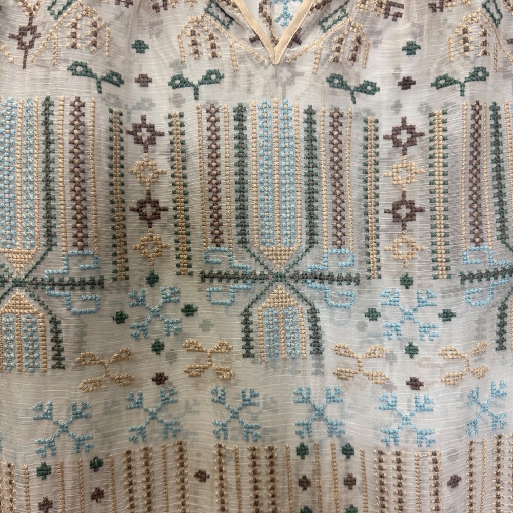 Soft Surroundings Women's Beige Blue Embroidered Long Sleeve Blouse Top - Picture 5 of 10